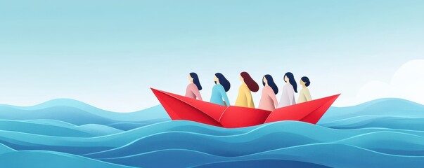 A vibrant illustration of people in a red boat sailing across serene blue waves, embodying adventure and teamwork.