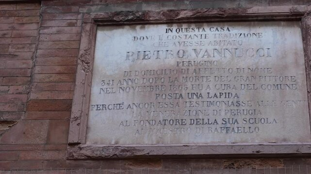 Commemorative plaque marking the birthplace of Pietro Vannucci in Citta della Pieve, Italy