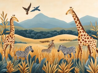 Fototapeta premium A vibrant safari scene featuring giraffes, zebras, and birds set against a stunning mountainous background.