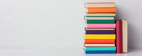 A vibrant stack of colorful books against a minimalist background. Perfect for education and reading themes.