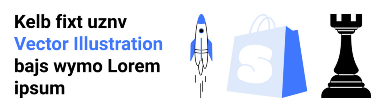 Rocket launching represents progress, shopping bag implies e-commerce, and chess piece signifies strategy. Ideal for business growth startups e-commerce strategy marketing materials. Landing page