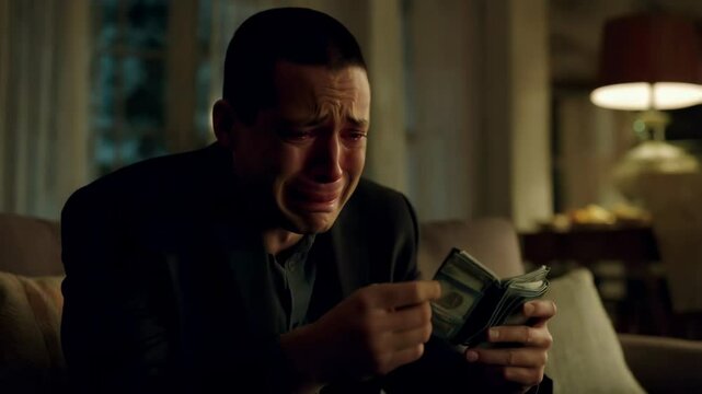 man with short hair crying in his bedroom looking at his empty wallet without any money left