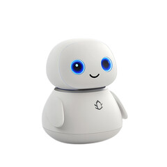 A baby robot in a sitting position with glowing blue LED eyes, highlighted by crisp studio lighting against a white background. Its smooth, polished surface gives a high-end, futuristic appeal.