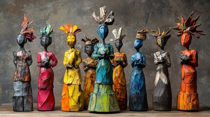 Fototapeta premium Colorful Wooden Sculptures of Figures in Traditional Dress