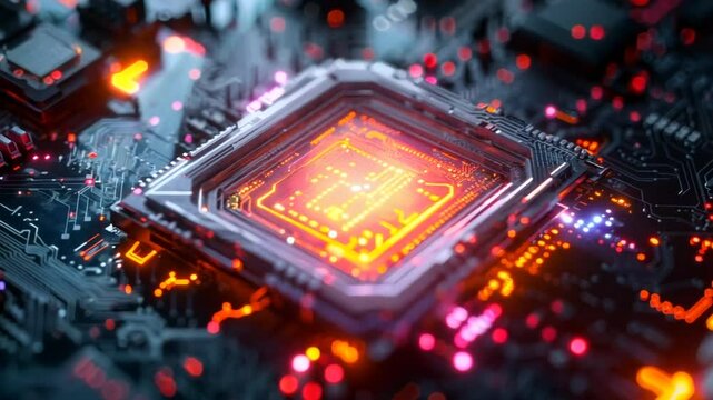 A close-up of a sophisticated circuit board highlights a radiant microchip at its center, surrounded by detailed electronic elements glowing in bright hues