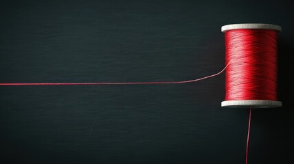 A vivid red thread unwinds from a spool, showcasing its texture against a dark background. Perfect for crafting and sewing themes.