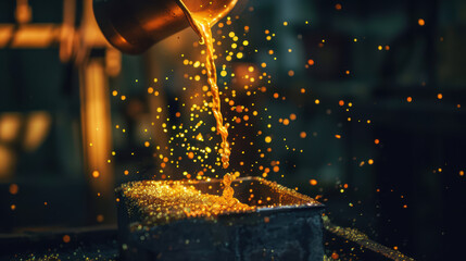 Liquid gold pouring into mold, glowing brightly with vibrant sparks and shimmering particles, creating mesmerizing scene of craftsmanship and artistry