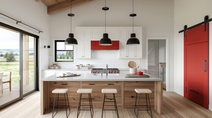 Minimalist kitchen with light wood cabinets, red accents, and modern appliances. open space features large island with seating, creating warm and inviting atmosphere