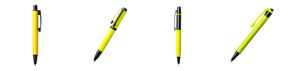 A collection of yellow pens displayed in different positions on a black background, showcasing their sleek design and vibrant color.