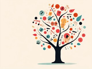 A whimsical tree adorned with colorful music notes and symbols, symbolizing creativity and artistic expression.