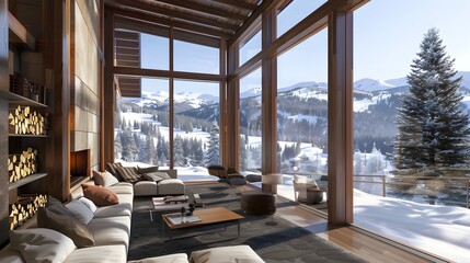 Fototapeta premium Modern living room with snowy mountain view