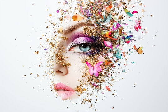 A stunning face adorned with colorful butterflies and gold, radiating beauty and creativity in harmony