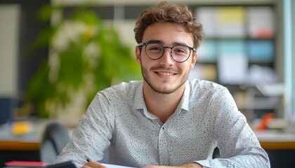  Portrait of young businessman in shirt, man smiling and looking at camera at workplace inside office, accountant with calculator behind paper work signing contracts and financial reports 