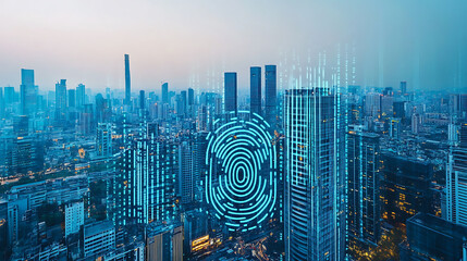 futuristic cityscape showcasing towering buildings with digital fingerprint overlay, symbolizing advanced technology and urban innovation. scene evokes sense of modernity and connectivity