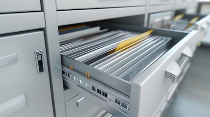 A detailed render of a filing cabinet with open drawers showing files