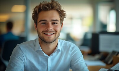  Portrait of young businessman in shirt, man smiling and looking at camera at workplace inside office, accountant with calculator behind paper work signing contracts and financial reports 