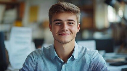 Obraz premium Portrait of young businessman in shirt, man smiling and looking at camera at workplace inside office, accountant with calculator behind paper work signing contracts and financial reports 