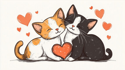 Illustrated cats cuddling with a heart, surrounded by playful red hearts on a simple white background