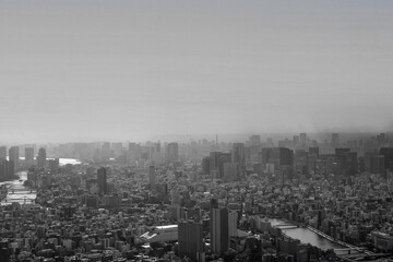東京の街並みと東京タワー、東京の町並みとビジネス街、東京の町並みの上空撮影	