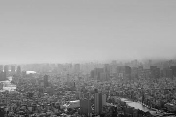 東京の街並みと東京タワー、東京の町並みとビジネス街、東京の町並みの上空撮影	