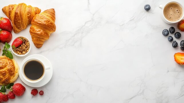 A panoramic banner mockup with a top-down view of a delicious breakfast spread including croissants, fruits, and coffee, providing blank space for commercial text overlay, for food-related promotions