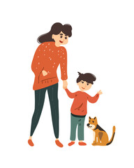 Woman and boy standing with a pet dog, cartoon style, family concept illustration
