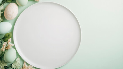 Minimalist easter design with empty plate and pastel eggs for spring decor