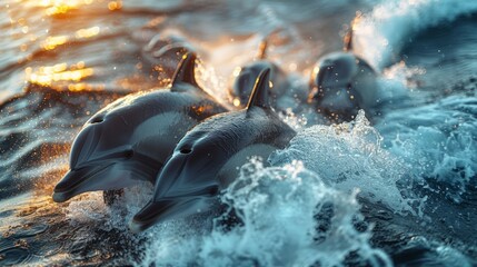 Obraz premium Five dolphins gracefully glide through the sparkling water, playfully splashing as the sun sets, creating a magical moment in the ocean's embrace