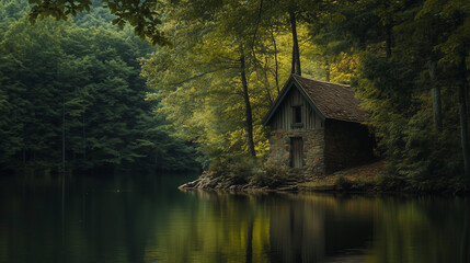 Fototapeta premium Charming stone cabin nestled in a dense forest by a calm lake, surrounded by lush green foliage and tranquility