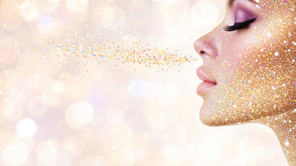 Fototapeta premium A beautiful woman's face embellished with glitter, radiating elegance in a magical setting
