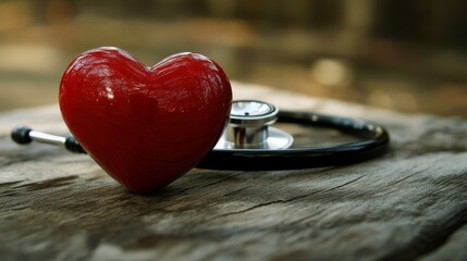 Fototapeta premium 2410 2.A stethoscope coiled around a bright red heart placed on a wooden surface. The rich color of the heart contrasts with the earthy tones of the wood, and the polished metal of the stethoscope