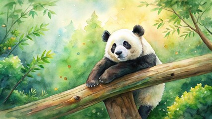 Obraz premium Watercolor painting of a panda resting on a tree trunk