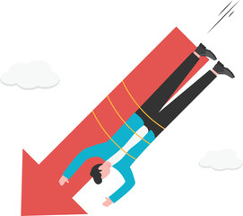 Businessmen bound in chains to falling arrows falling together, reduced revenue or profits,

