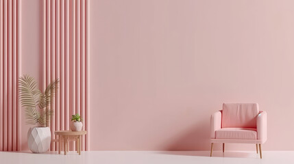 minimalist pastel living room featuring pink sofa, small wooden table, and decorative plants against soft pink wall. serene atmosphere evokes sense of calm and comfort