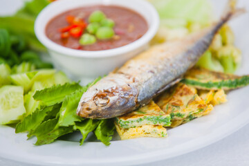 fish and vegetables, Proh Hok Ktis Khmer wit fish fried and egg with cook vegetables Cambodia traditional foods 