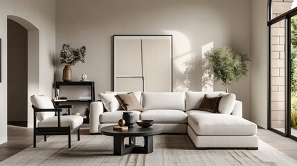 minimalist living room featuring pastel sofa, stylish coffee table, and elegant decor. space is bright and inviting, with natural light enhancing serene atmosphere