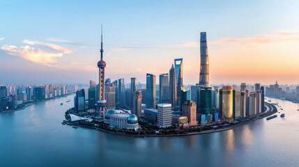 Naklejka premium stunning view of modern city skyline featuring towering skyscrapers and vibrant waterfront at sunset. scene captures essence of urban life and architectural beauty