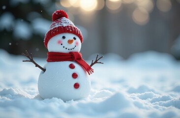 Obraz premium A small funny snowman in a hat and scarf stands in a snowy park. Festive background with a funny snowman. Christmas card, copy space.
