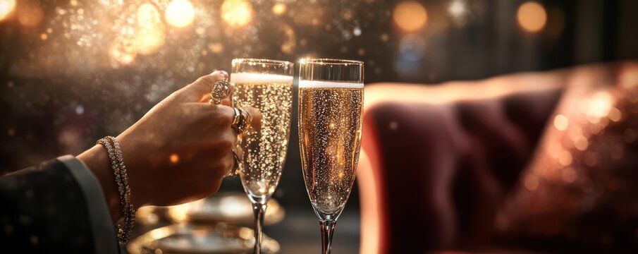 Celebratory toast with sparkling glasses, capturing a joyful moment in a festive atmosphere filled with shimmering lights.