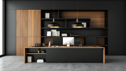 Modern office interior featuring sleek desk, computer, and stylish lighting. design combines wood and black elements, creating sophisticated workspace