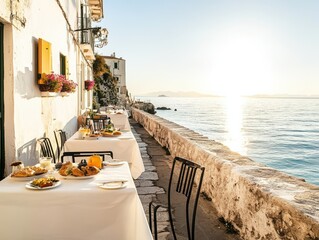 Obraz premium Charming seaside setting with tables and dishes, illuminated by the warm glow of sunset, perfect for dining by the water.