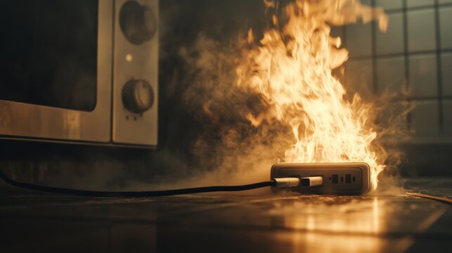 2410 79.A charging device and power outlet catch fire, with the flames spreading from the charging cord. Smoke billows from the socket, showing the danger of substandard electrical equipment and the
