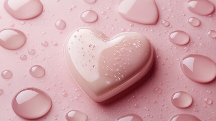 2410 8.A heart-shaped cream design sits in the middle of a pink backdrop, surrounded by shimmering liquid droplets, suggesting the essence of personal care and beauty products. The soft tones and