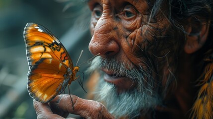 Naklejka premium An elderly man with a long, gray beard holds a butterfly in his hand. The butterfly's wings are spread out, showing off its colorful patterns