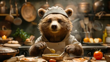 Anthropomorphic bear as a chef. Featuring a bear in a chef's uniform in a kitchen. Highlighting culinary skills and creativity. Ideal for culinary magazines and advertisements.