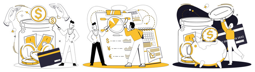 Savings account. Depicts people managing finances. One is depositing money, another reviewing a financial chart, and another putting money into a piggy bank. Ideal for budgeting, financial planning