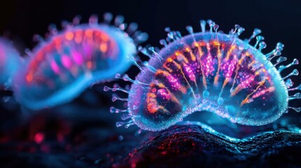 Ancient microbes under microscope reveal intricate cellular structures, showcasing their mysterious and ancient nature, ideal for scientific and educational content