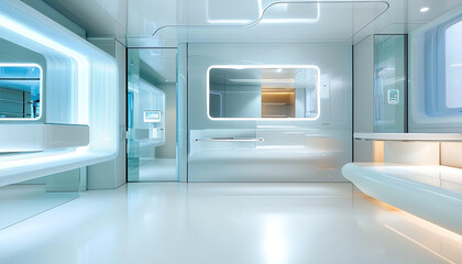 Exploring the future of fashion a stunning futuristic dressing room with sleek glass shelves and illuminated ambiance