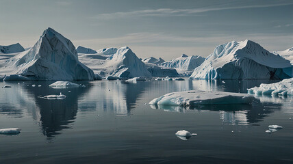 Serene Frozen Landscape with Icebergs and Reflections