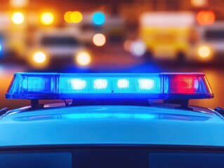 Close-up of a police car light bar with blue and red lights flashing in the background. Emergency response scene at night.